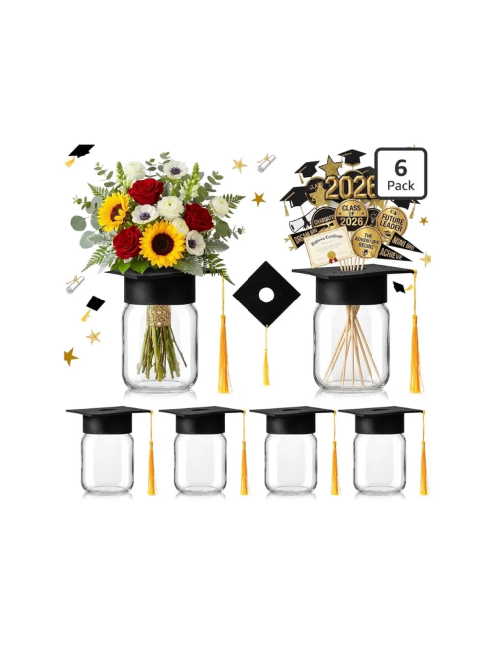 NEW 6 Sets Graduation Cap Centerpieces Mason Jar Centerpieces
